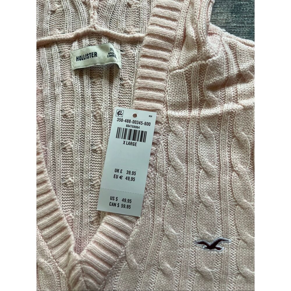NWT! Hollister Pink Cable Knit V Neck Hoodie Sweater XL - Picture 4 of 7